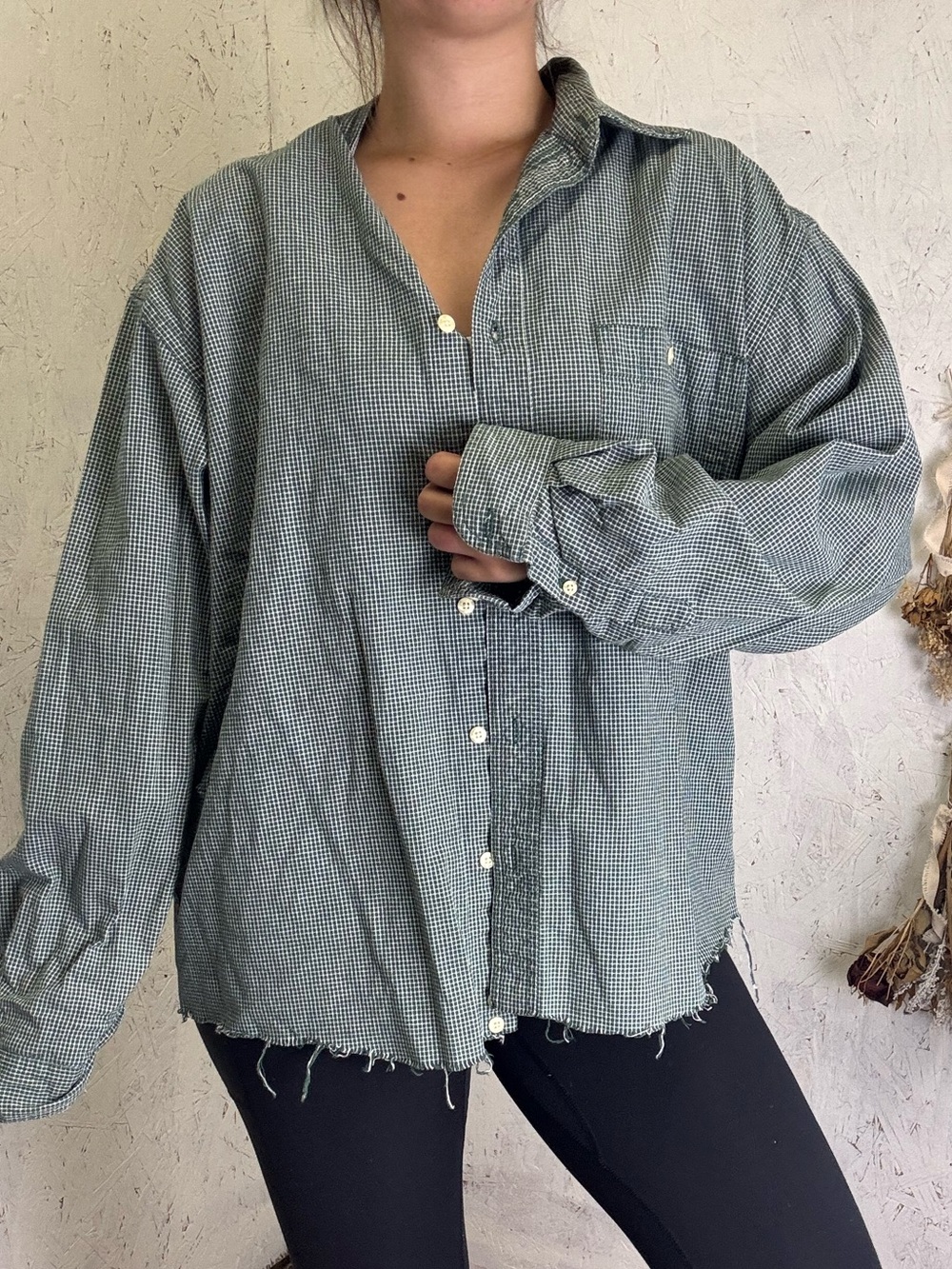 Vintage Eddie Bauer Gingham Green White Heavy Button down Distressed Large